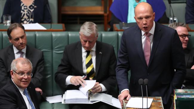 PM Scott Morrison and Home Affairs Minister Peter Dutton in Question Time in the House of Representatives chamber. Picture: Kym Smith