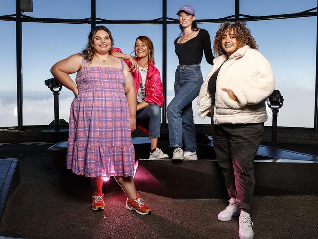 Kartanya Maynard with Willoh S. Weiland, Brigitte Trobbiani and Priya Vunaki ahead of the Faux Mo event on top of kunanyi/Mount Wellington in 2021. Picture: Zak Simmonds