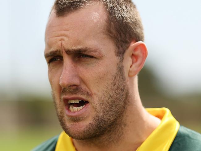 SYDNEY, AUSTRALIA - NOVEMBER 09:  Isaah Yeo speaks to the media during an Australia Kangaroos captain's run at Heffron Park on November 09, 2024 in Sydney, Australia. (Photo by Matt King/Getty Images)