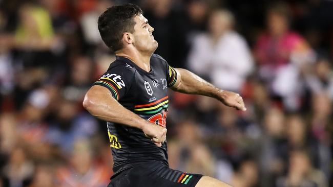 Nathan Cleary celebrates kicking the winning field goal in golden point against Wests Tigers. Picture: Getty Images