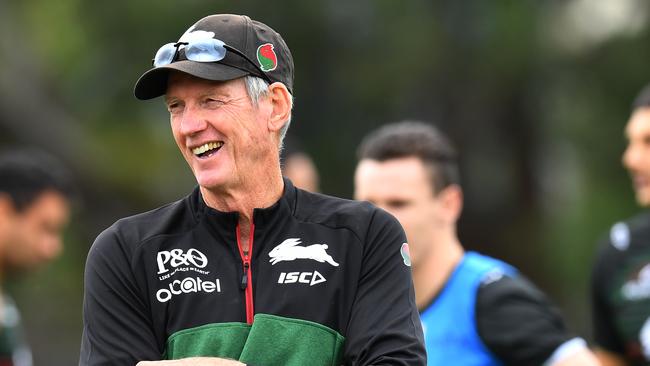 Coach Wayne Bennett laughs during South Sydney Rabbitohs training at Erskinville Oval in Sydney, Wednesday, May 1, 2019. (AAP Image/Dean Lewins) NO ARCHIVING