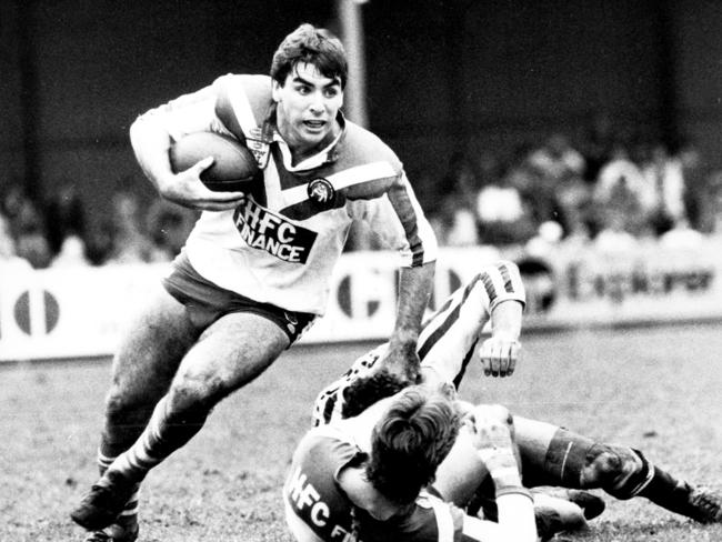 Michael Hagan on the burst for Canterbury in a clash against Penrith at Belmore Oval in Sydney, 1987.