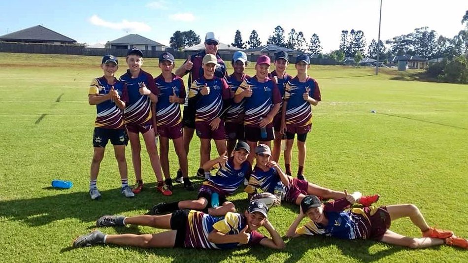 UNDEFEATED: The Dalby Eagles U12 boys team with coach Brenton McMillan at the Titans Junior Club Challenge. Picture: Contributed