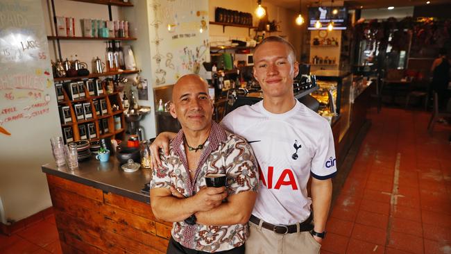 Gerard Barrios with his son Gerard Jnr, pictured at his cafe in Mosman. Mr Barios is being forced to close down due to cost of living pressures. Picture: Sam Ruttyn