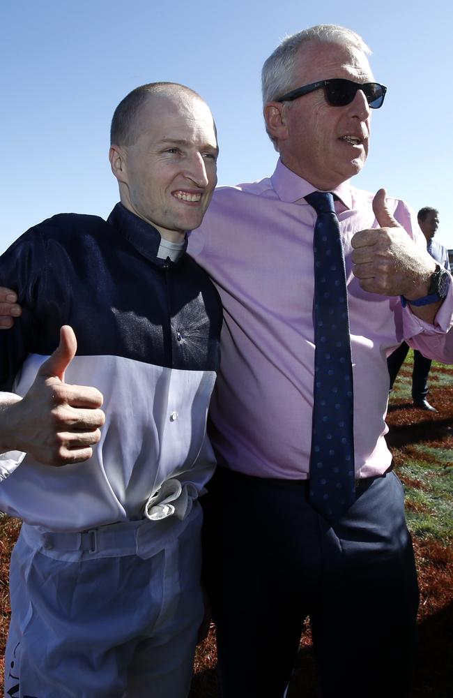 Craig Newitt and Mick Price give winning the Group 1 Blue Diamond Stakes the thumbs up. Picture: Michael Klein