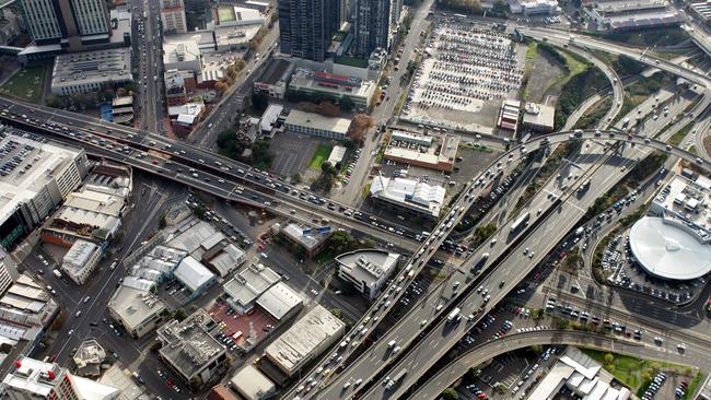 Traffic congestion over Melbourne City by air. Pictured is the Kings Way exit of the West Gate freeway.