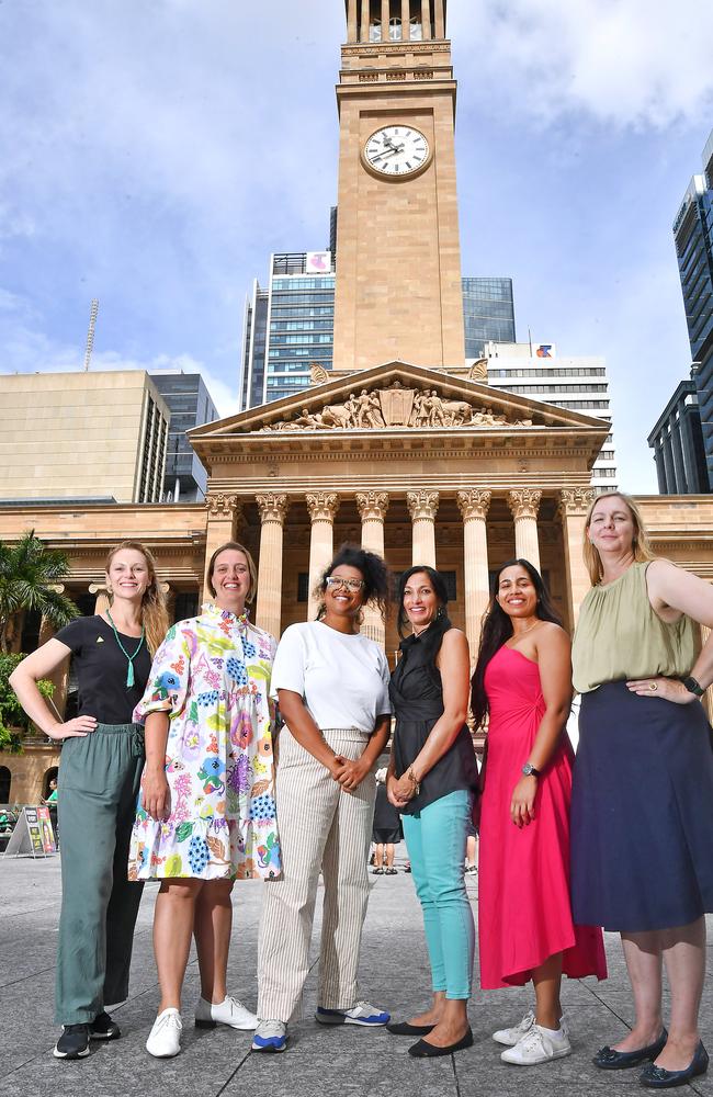 Greens candidates Wendy Aghdam (Central); Kath Angus (Coorparoo), Trina Massey (The Gabba), Seal Chong Wah (Paddington); Quintessa Denniz (Enoggera) and Michaela Sargent (Walter Taylor). Picture: John Gass