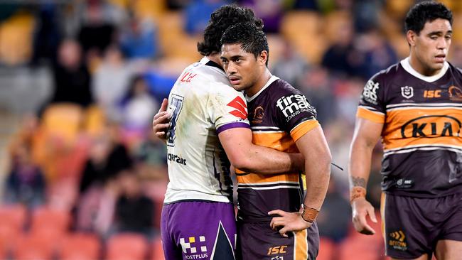 Brisbane’s Anthony Milford can’t hide his dejection after the Broncos were comprehensively beaten by Melbourne at Suncorp Stadium. Picture: Getty Images