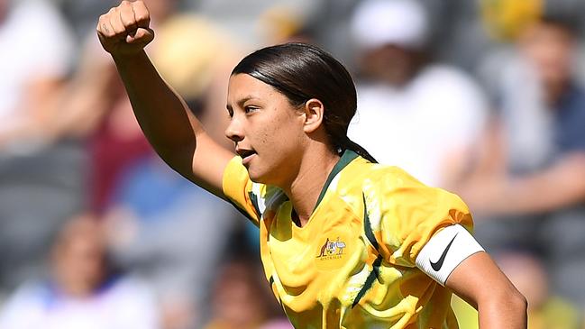 Sam Kerr of the Matildas celebrates after scoring a goal during the international friendly soccer match between the Australia and Chile at Bankwest Stadium in Sydney on Saturday, November 9. Picture: AAP/Dan Himbrechts