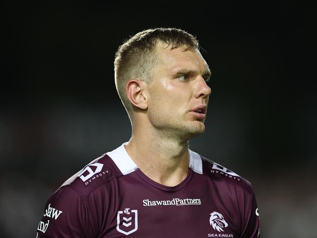 SYDNEY, AUSTRALIA - MARCH 08: Tom Trbojevic of the Sea Eagles looks on during the round one NRL match between Manly Sea Eagles and North Queensland Cowboys at 4 Pines Park, on March 08, 2025, in Sydney, Australia. (Photo by Cameron Spencer/Getty Images)