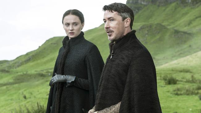 Horrific ...  Sophie Turner whose character Sansa Stark was raped this season, left, and Aidan Gillen, as Petyr 
