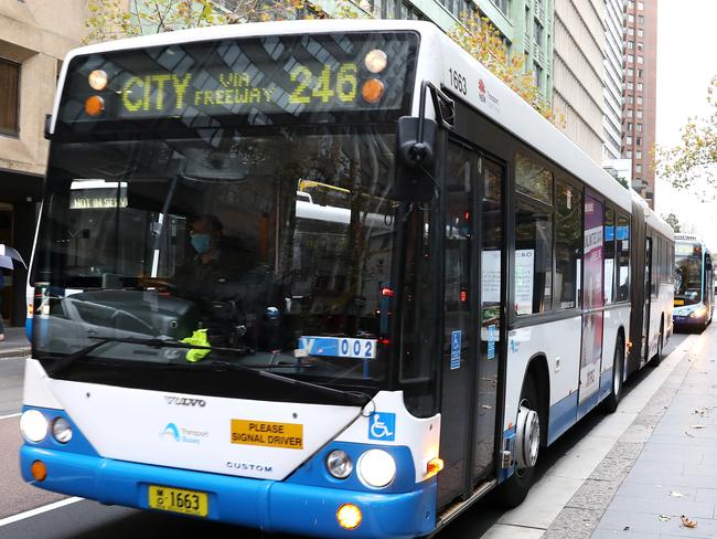 SYDNEY, AUSTRALIA - MAY 25:  A general view is seen of buses and few people at the Wynyard park bus stop on May 25, 2020 in Sydney, Australia. Additional security and marshalling staff will be on hand at major Sydney transport hubs as schools return to regular full-time lessons and business reopen as New South Wales continues to relax COVID-19 restrictions.  (Photo by Mark Kolbe/Getty Images)