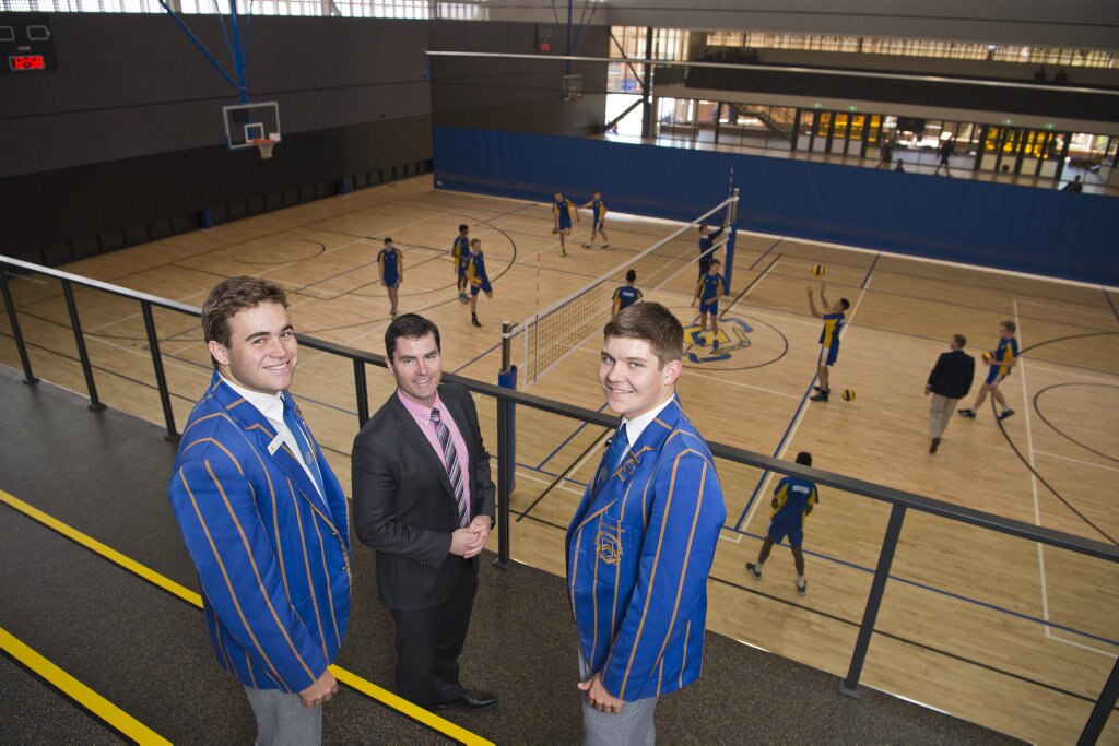 Year 12 students Lachie Gourley (left) and Matt Price with TGS director of sport and activities Wesley Dunne in the new Toowoomba Grammar School gymnasium, Tuesday, July 24, 2018. Picture: Kevin Farmer