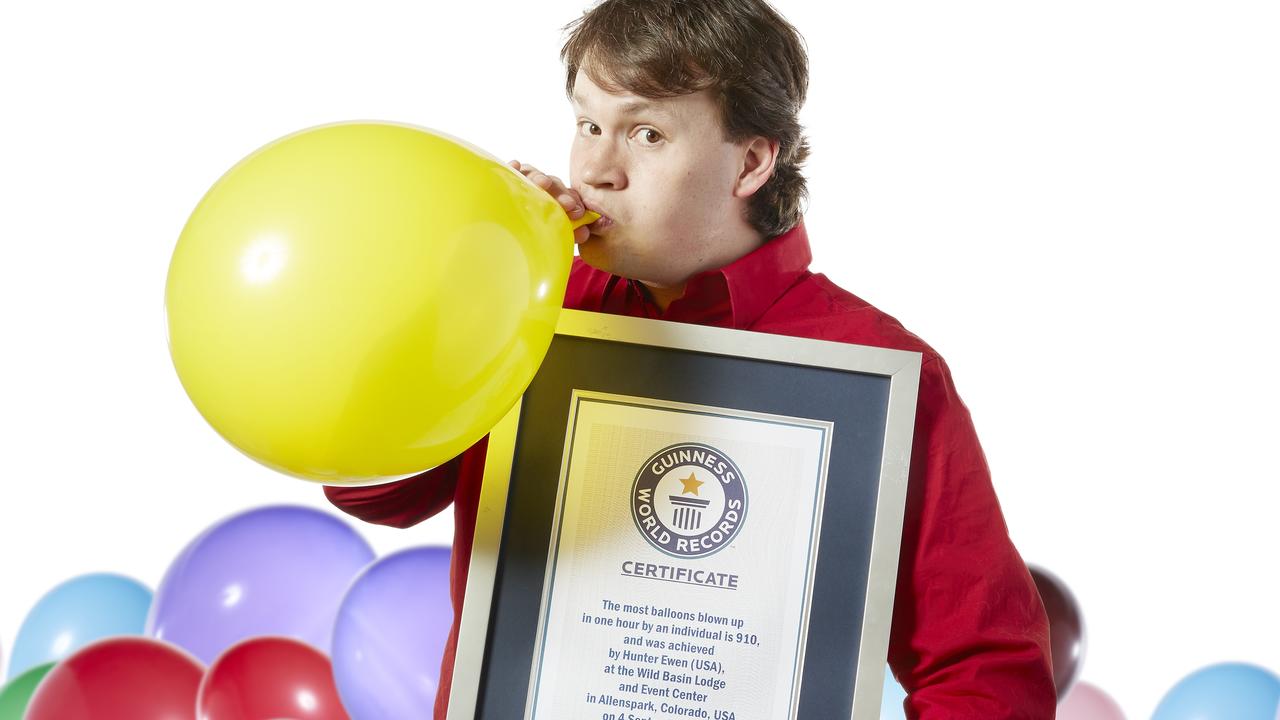 Hunter Ewen holds the record for the most balloons blown up in an hour.