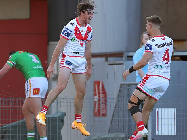 Cody Ramsey of the Dragons celebrates after scoring his second try during the round 18 NRL match between the St George Illawarra Dragons and the Canberra Raiders at WIN Stadium on September 12, 2020 in Wollongong, Australia. Photo: Matt King/Getty Images.