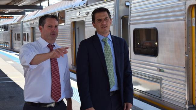 Campbelltown state Labor MP Greg Warren (left) at Campbelltown Station discussing opal card fee increases with then-NSW Shadow Transport Minister Ryan Park last year.