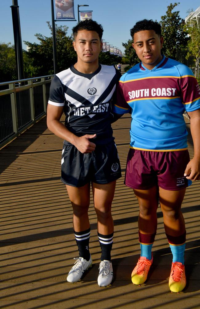 Rugby league regional captains. Club teammates and opposing U15s captains Tawa Simpkins Met East and Gazniah Tolomaqa South Coast. Picture: Evan Morgan