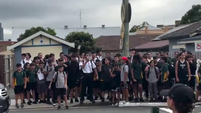 Students show their support for the protest at Granville Boys High School in Sydney’s west on Wednesday. Picture: X