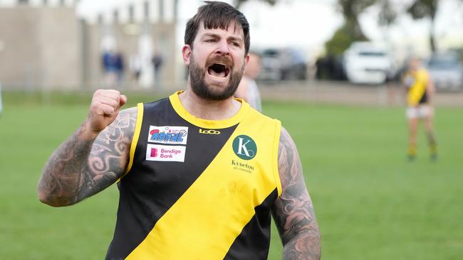 Ryan Pretty celebrates a goal for Kyneton. Picture: George Sal