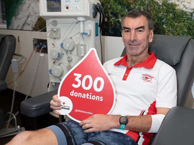 Jarrod Gibson donates blood for the 300th time. Picture: Linda Higginson