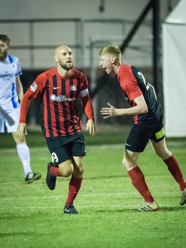 Burleigh Heads captain Matt Hilton celebrates his opening goal in the 2019 Gold Coast Premier League grand final against Surfers Paradise. Picture: Ryan Kazmer/East End Digital