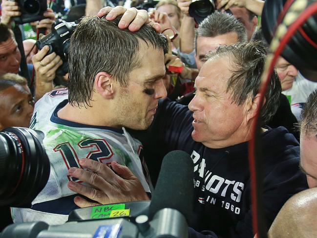 (02/01/2015 Phoenix, AZ)  New England Patriots quarterback Tom Brady gets a hug from head coach Bill Belichick after beating the Seahawks in the Super Bowl.  Sunday, February 1, 2015. Staff Photo by Matt West (Photo by Matt West/MediaNews Group/Boston Herald via Getty Images) Supplied for Garry Ferris