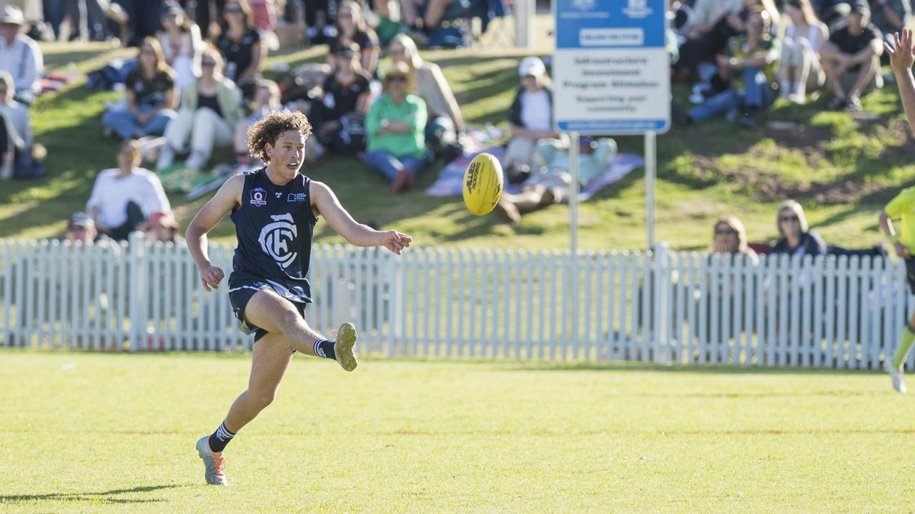 Henry Sheath kicks a goal for Coolaroo against Goondiwindi Hawks in the 2023 AFL Darling Downs Allied Cup senior men grand final. Picture: Kevin Farmer