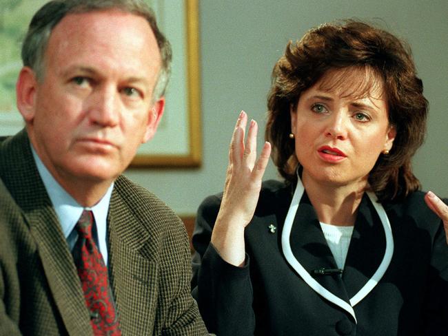 Patsy and John Ramsey, parents of child murder victim JonBenet Ramsey, during a news conference in 1997.