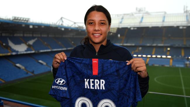 STRICT EMBARGO: Not for online until after 7pm Sydney time, November 13, 2019. Sam Kerr pictured at Stamford Bridge after signing for Chelsea.