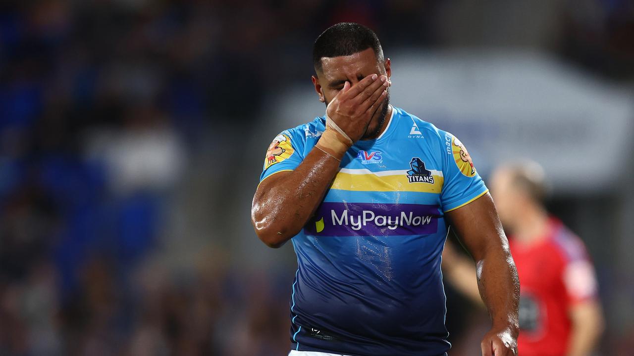 GOLD COAST, AUSTRALIA - AUGUST 04: Moeaki Fotuaika of the Titans is sent off during the round 23 NRL match between Gold Coast Titans and New Zealand Warriors at Cbus Super Stadium on August 04, 2023 in Gold Coast, Australia. (Photo by Chris Hyde/Getty Images)