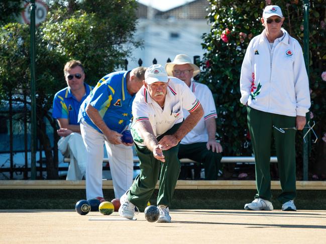 Geoff Prowse pictured bowling at Randwick bowling club against Marrickville bowling club. Randwick Bowls Club is hosting the Prince of Wales Hospital Easy Breathing program Annual Lawn Bowls Day on Wednesday, 25th July for DSDSaturday July 14, 2018 (AAP Image/Monique Harmer)