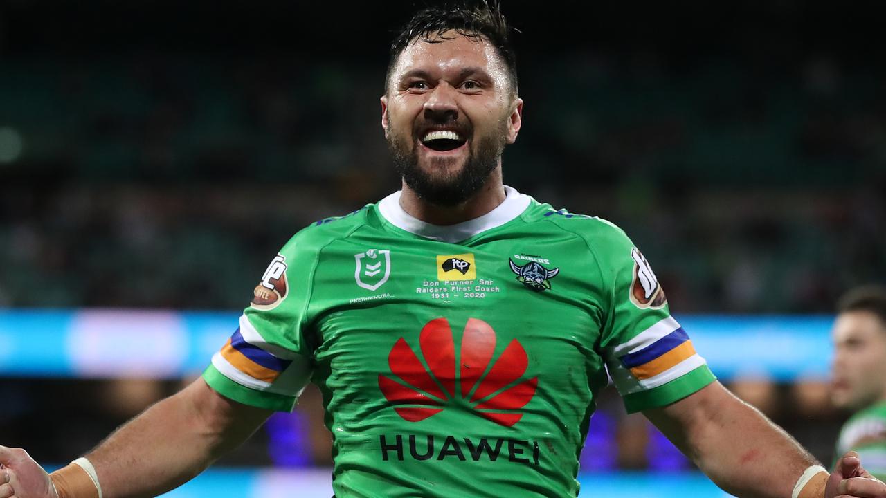 SYDNEY, AUSTRALIA - OCTOBER 09: Jordan Rapana of the Raiders celebrates winning the NRL Semi Final match between the Sydney Roosters and the Canberra Raiders at the Sydney Cricket Ground on October 09, 2020 in Sydney, Australia. (Photo by Cameron Spencer/Getty Images)