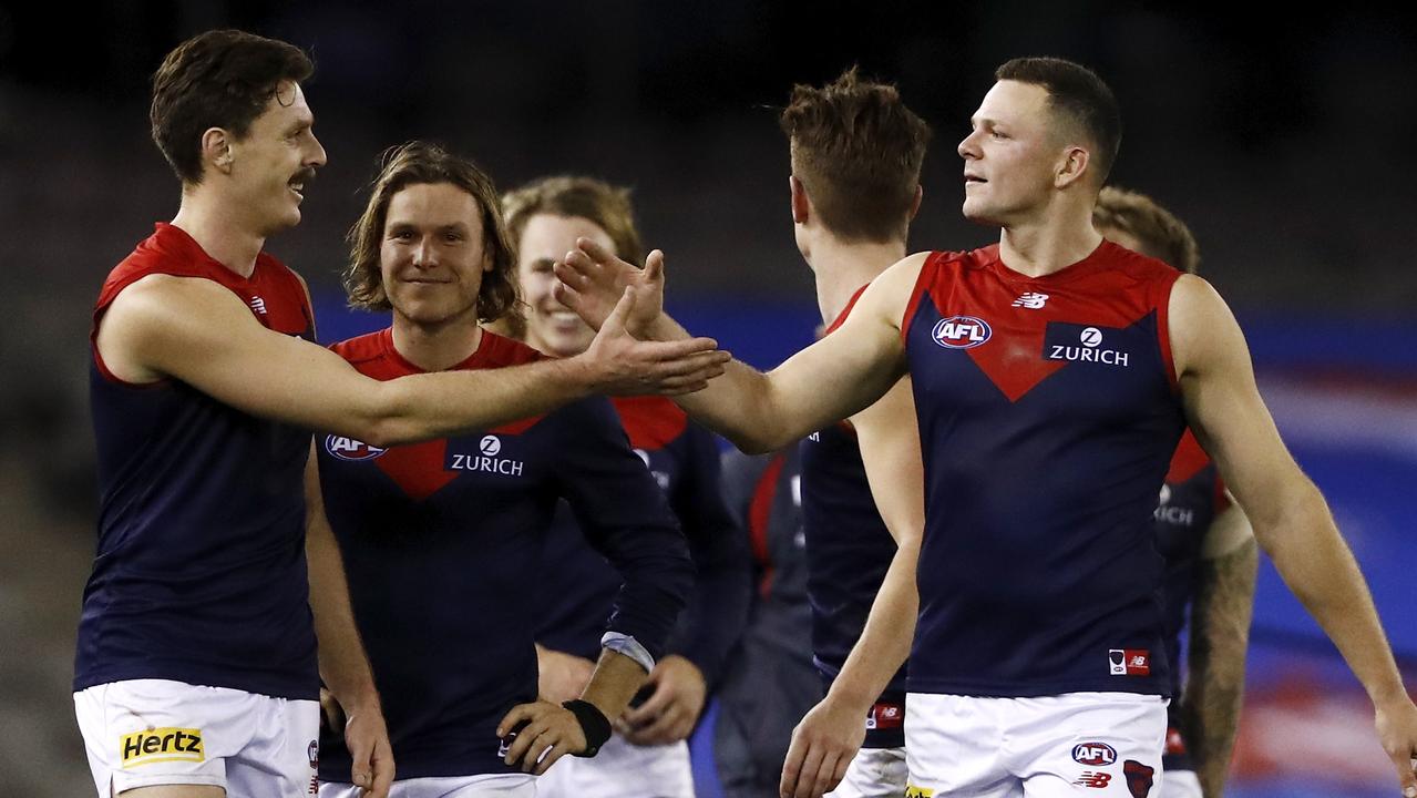 Jake Lever and Steven May are the best tag-team defenders in the AFL. Picture: Dylan Burns/AFL Photos via Getty Images