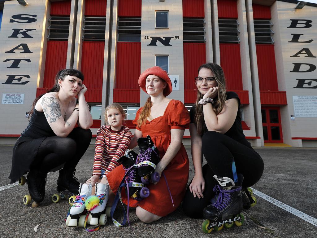 Meredith Dixon, Caitlin Barclay, 7, Amanda Barclay and Brittany O’Neill outside Stafford Skate Centre. Picture: Josh Woning