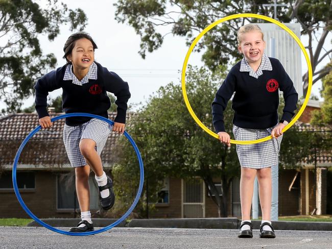 Tijana and Belle and Kobe get active during a brain break. Picture: Tim Carrafa