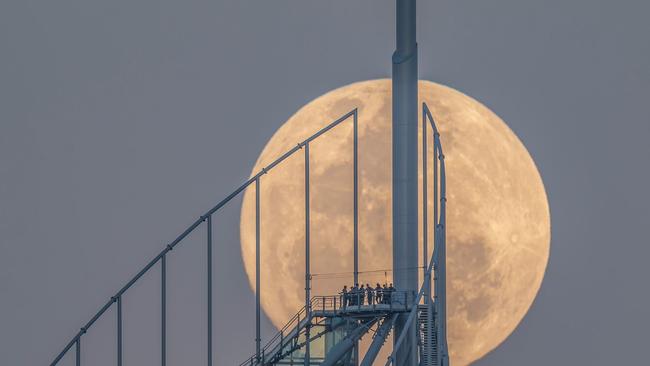 Kelvin Hennessy: "This is the full moon of 13th October 2019 rising behind the top of the Q1 building, with a group of SkyPoint climbers silhouetted. This photo was taken through a telescope from 2.5km away."