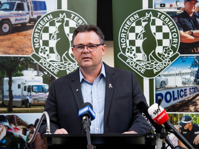 Northern Territory Police Association (NTPA) President Paul McCue addresses media regarding the key results from their 2020 pre-election member survey.Picture: Che Chorley