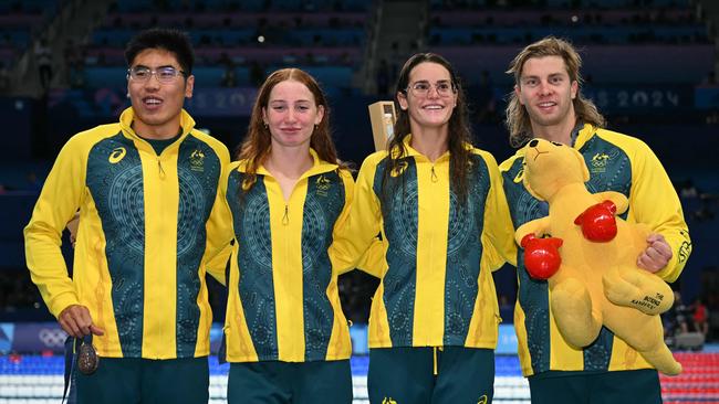 Joshua Yong, Mollie O'callaghan, Kaylee McKeown and Matthew Temple earned bronze. Photo by Jonathan NACKSTRAND / AFP