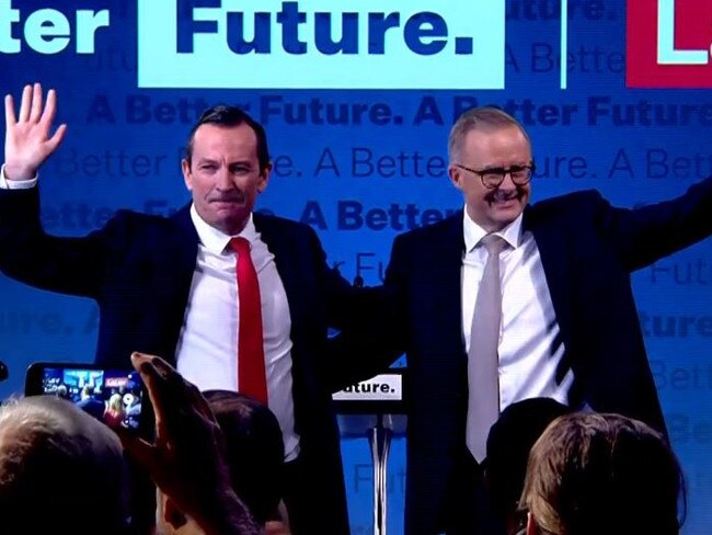 Anthony Albanese enters the Labor campaign launch in Perth with WA Premier Mark McGowan.