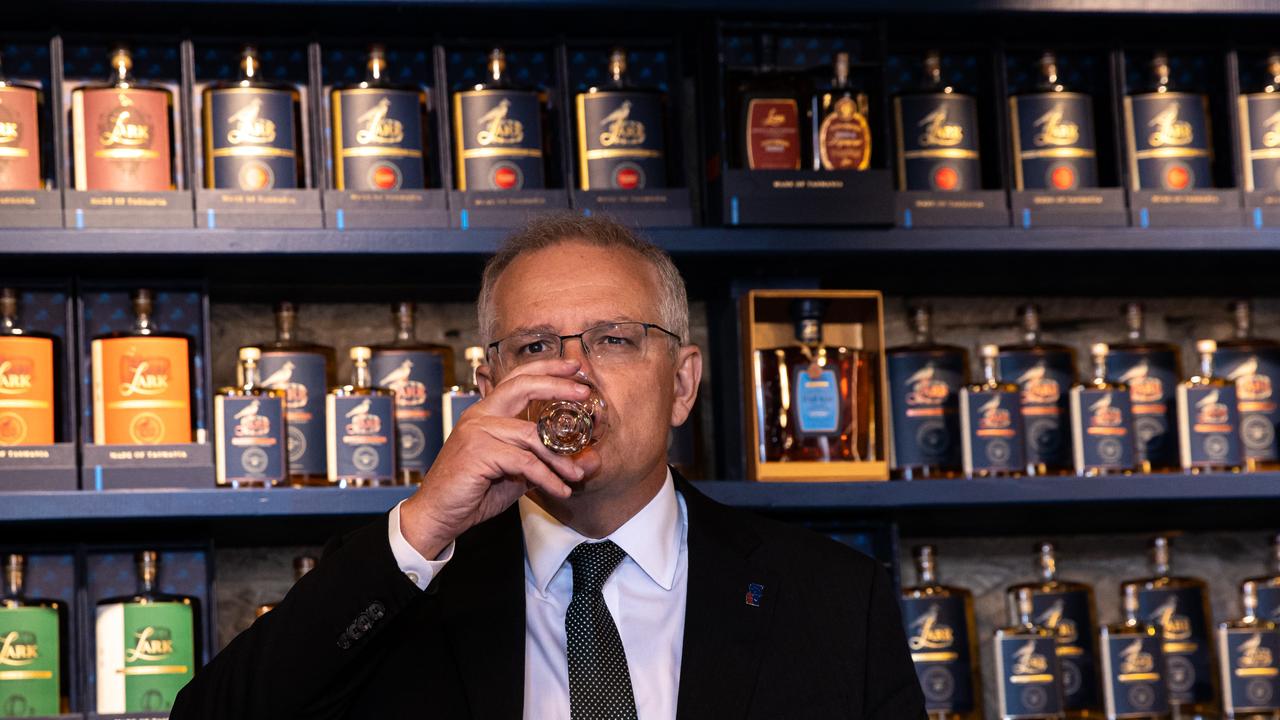 Prime Minister Scott Morrison in the electorate of Lyons. Visiting the Lark Distillery. Picture: Jason Edwards