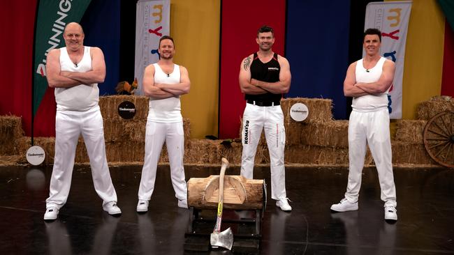 Billy Brownless, Nathan Brown, Laurence O'Toole and Matthew Lloyd take part in the wood chop on The Footy Show Grand Final Eve in 2020. Picture: Fiona Hamilton/Channel 9