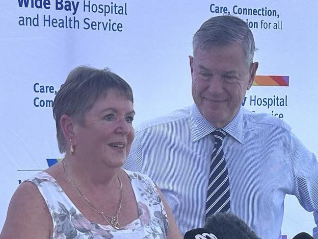 Stroke survivor Kerry Polkington speaks to media with Qld Health Minister Tim Nicholls about the teletstroke service which saved her life at Hervey Bay hospital.