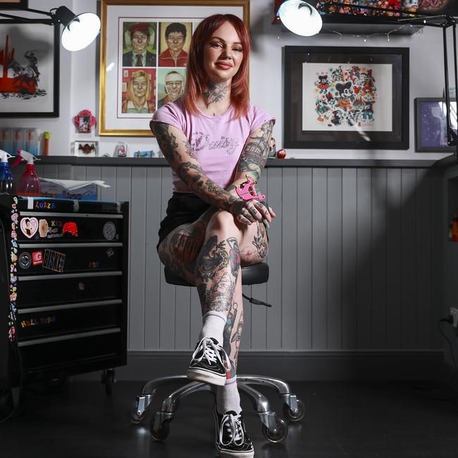 Celebrity tattoo artist Lauren Winzer at her studio in Beaconsfield. Picture: Justin Lloyd.