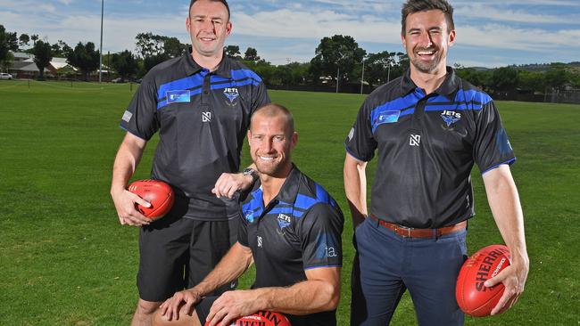 Former Crows great Scott Thompson (middle) guided Unley Mercedes to its second win of the season. Picture: Tom Huntley