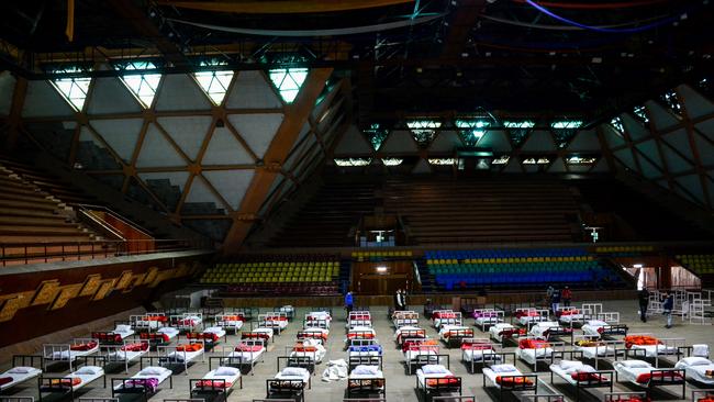 An interior view of Sher-e-Kashmir Indoor Stadium turned into a makeshift quarantine centre after a surge of Covid cases in Srinagar. Picture: Getty Images