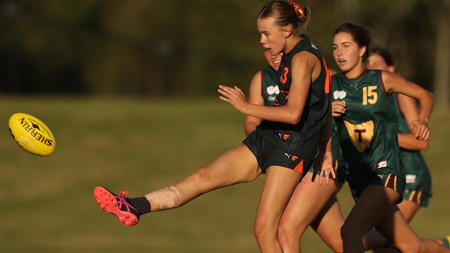 SYDNEY, AUSTRALIA - APRIL 12: Jade Brazier of the Giants kicks during the NSW Academy match between GWS Giants Academy and Tasmania at Blacktown International Sportspark on April 12, 2024 in Sydney, Australia. (Photo by Mark Metcalfe/AFL Photos/via Getty Images)