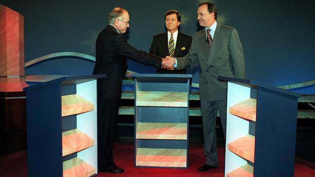 The Great Debate: John Howard vs Paul Keating with compere Ray Martin. Picture: Michael Jones