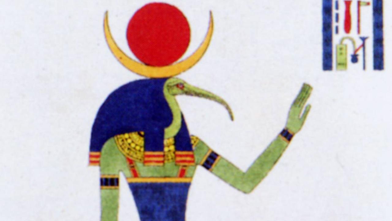 Thoth from Egyptian mythology in his typical form as a human with the head of an ibis, wearing the crescent moon and the disc of the full moon on his head.