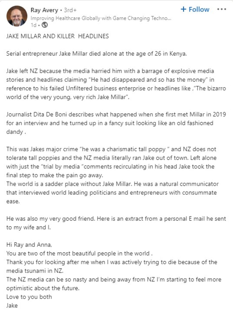 Sir Avery’s post also blasted the media backlash Mr Millar received. Picture: LinkedIn.