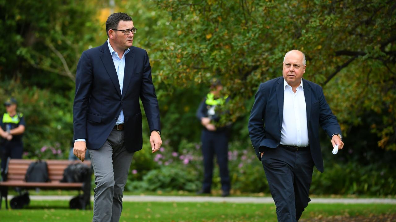 Victorian Premier Daniel Andrews (left) and Victorian Treasurer Tim Pallas provided an update regarding Victoria's economy and new modelling forecasting 270,000 job losses as a result of coronavirus. Picture: AAP/James Ross